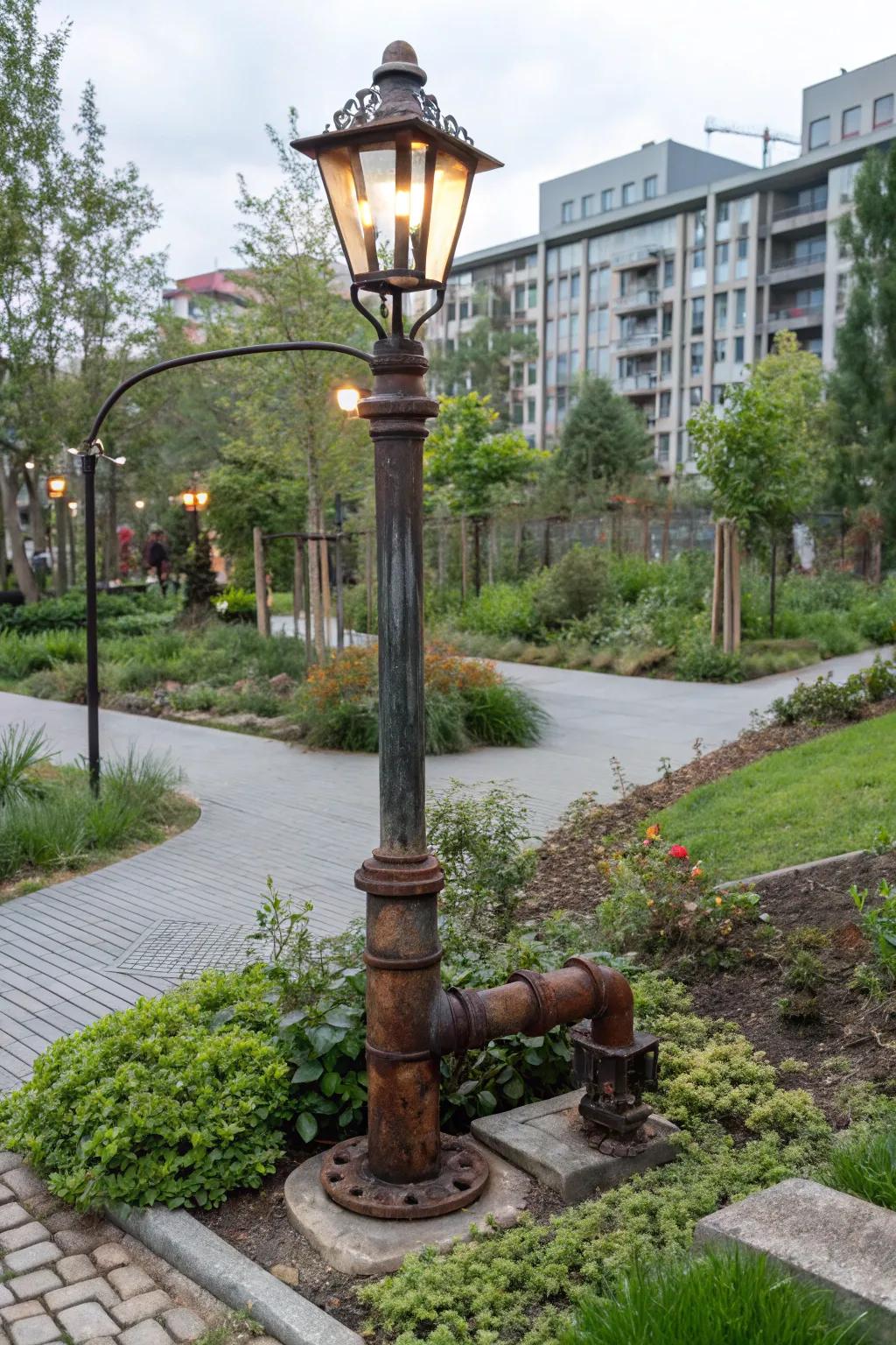 A metal pipe base adds an industrial edge to your garden.