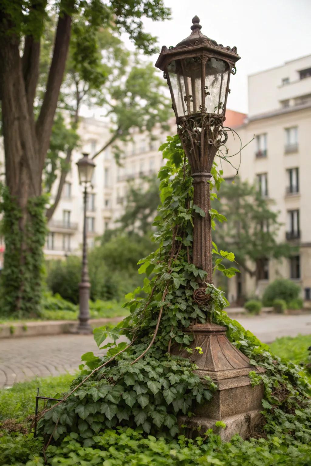 Creeping vines create a fairy-tale feel around your lamp post base.