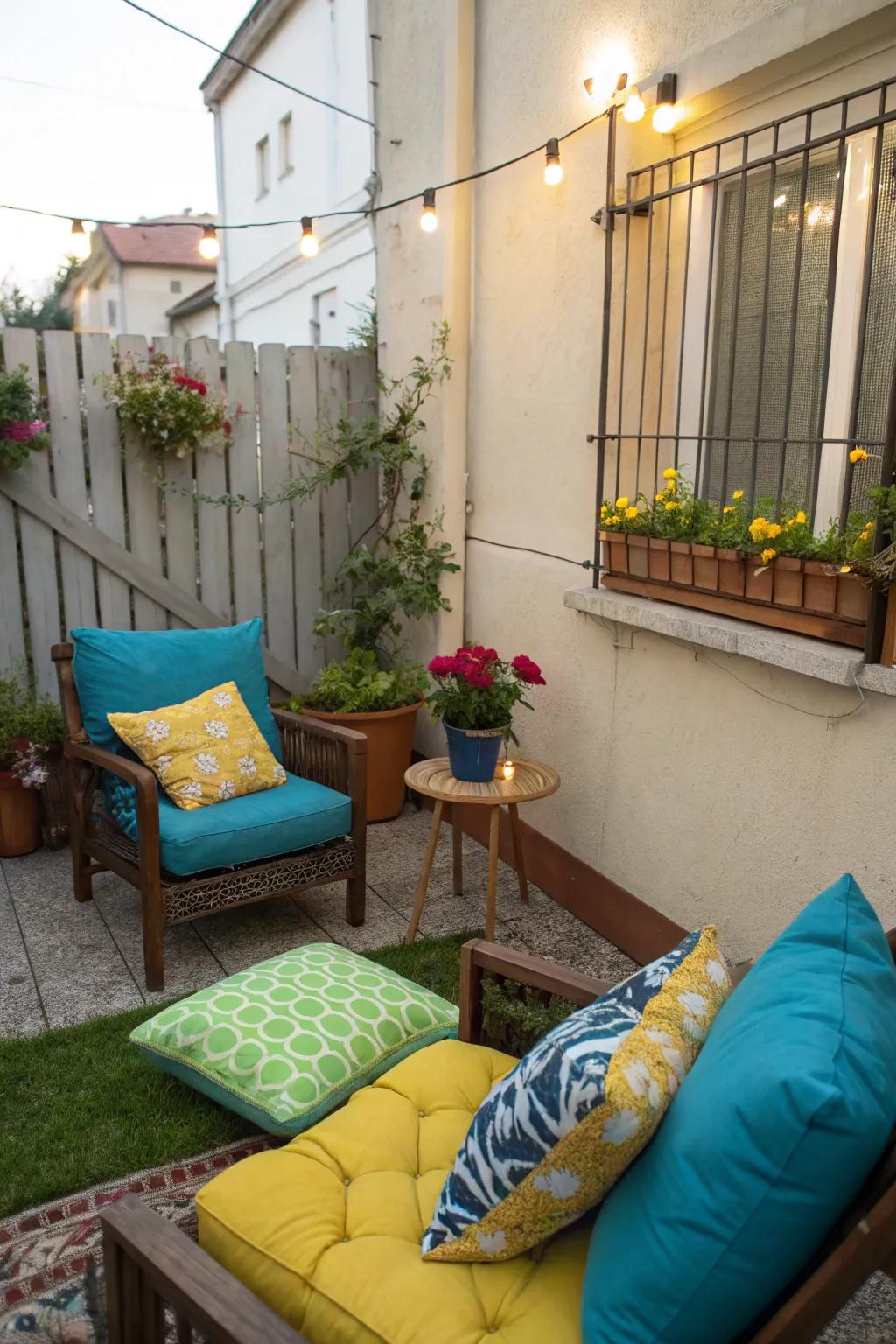 A cozy seating area in an apartment backyard, enhanced with vibrant cushions for added comfort.
