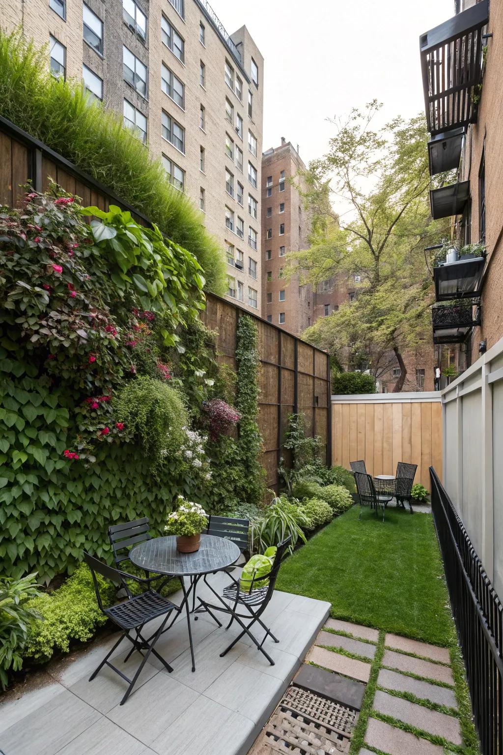 A vibrant living wall in an apartment backyard, showcasing a variety of plants and maximizing space.