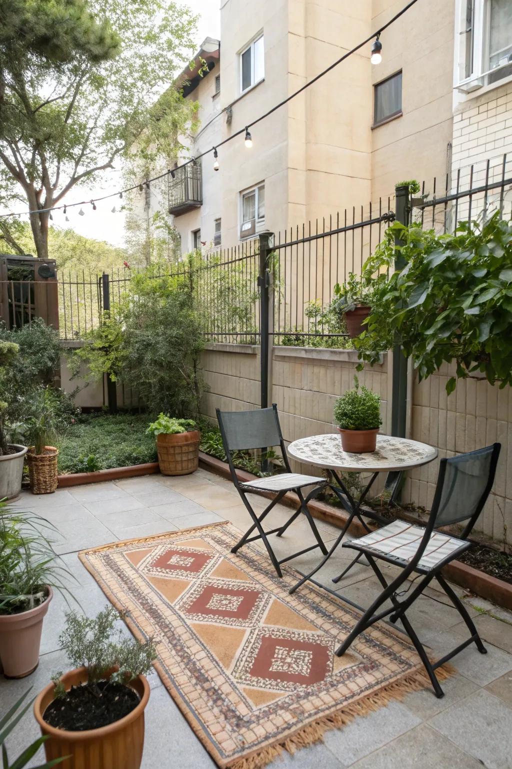 A cozy seating area in an apartment backyard, complete with a stylish outdoor rug.