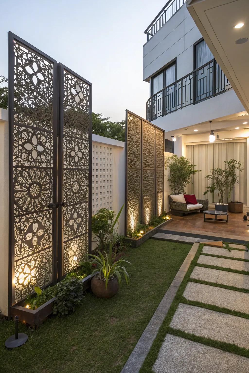 An apartment backyard featuring stylish privacy screens, offering seclusion and style.