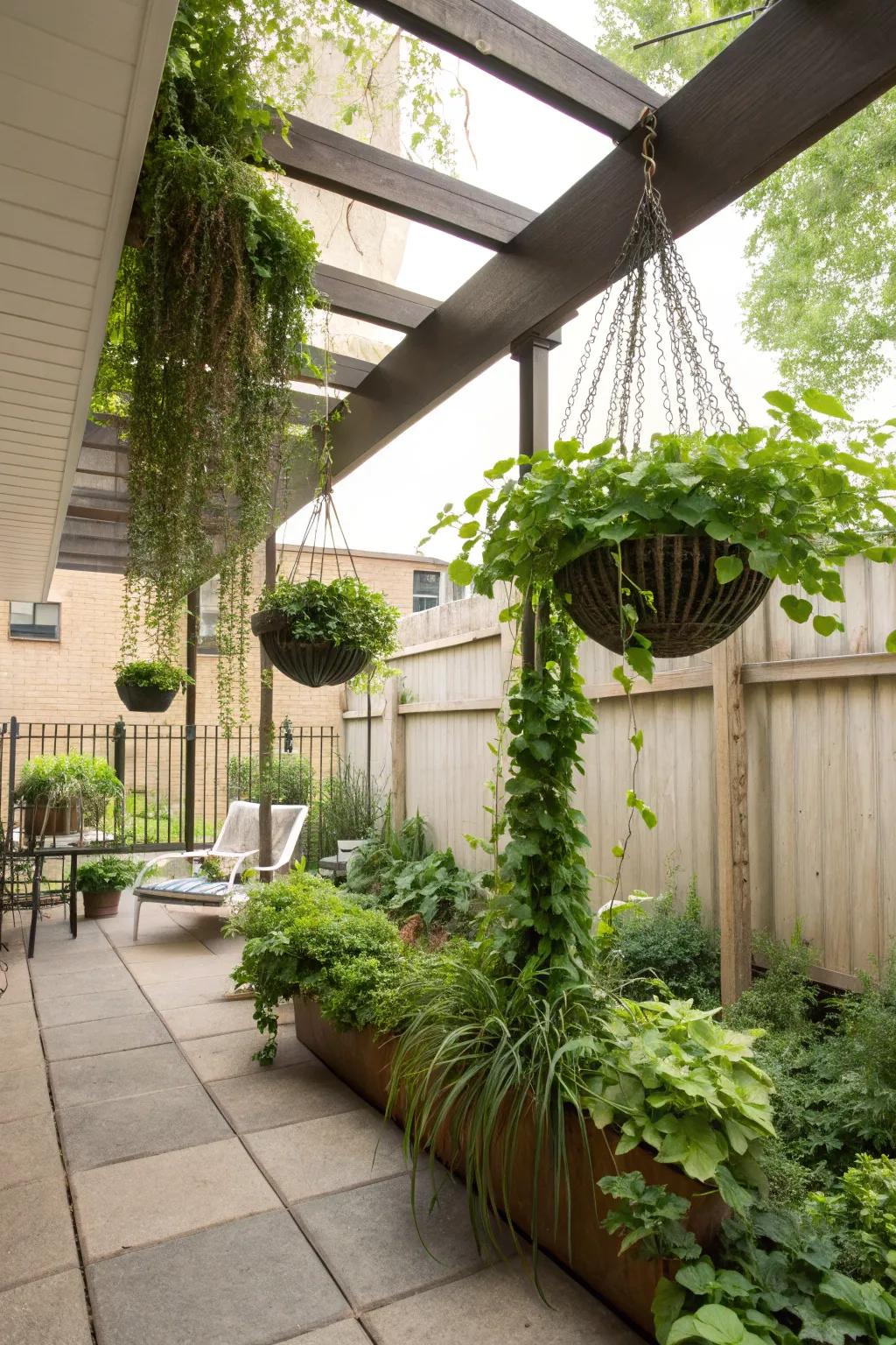 Lush hanging planters in an apartment backyard, maximizing greenery in a small space.