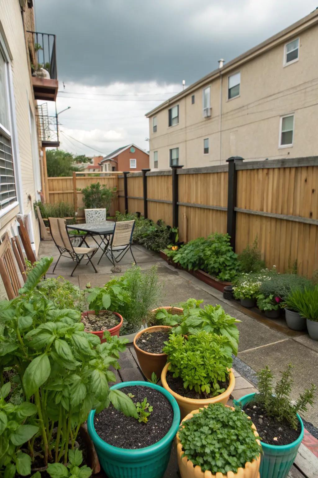Stone pathways weaving through an apartment backyard, adding structure and charm.