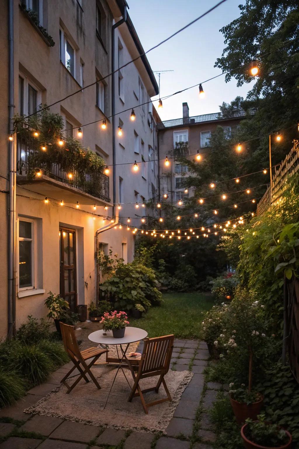 An apartment backyard bathed in the warm glow of string lights, creating a magical evening ambiance.
