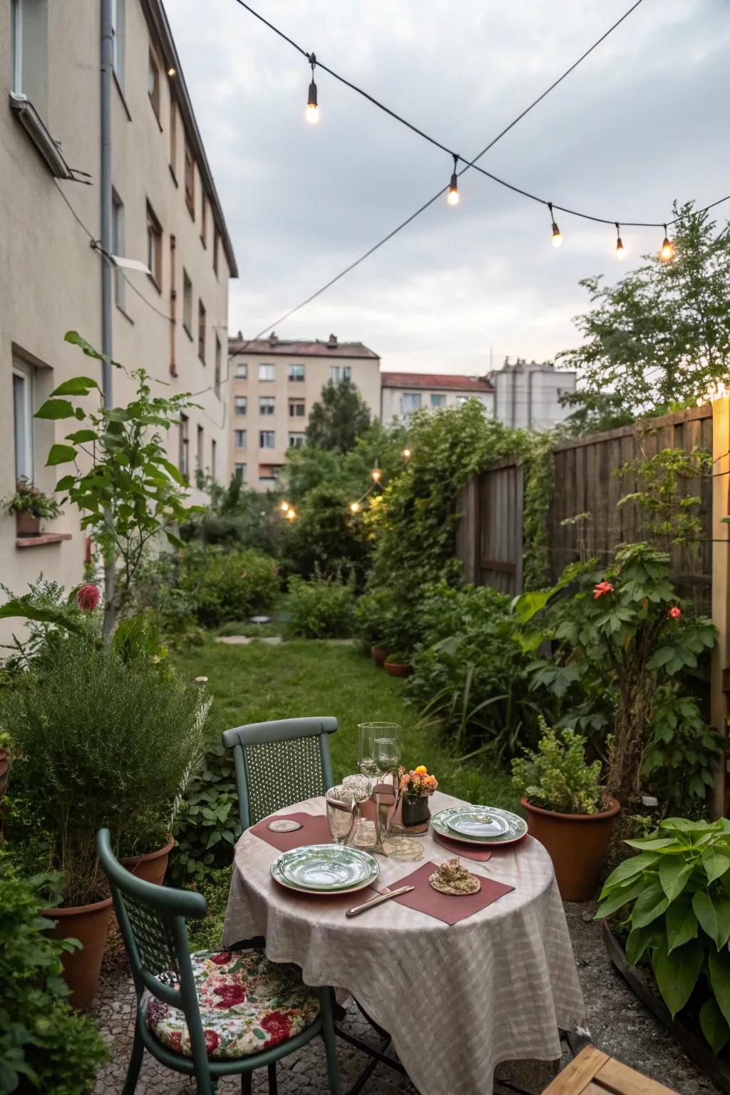 A small table in an apartment backyard, set for a cozy outdoor meal.
