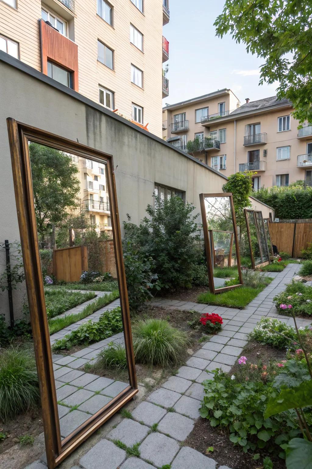 Strategically placed outdoor mirrors in an apartment backyard, enhancing the sense of space.