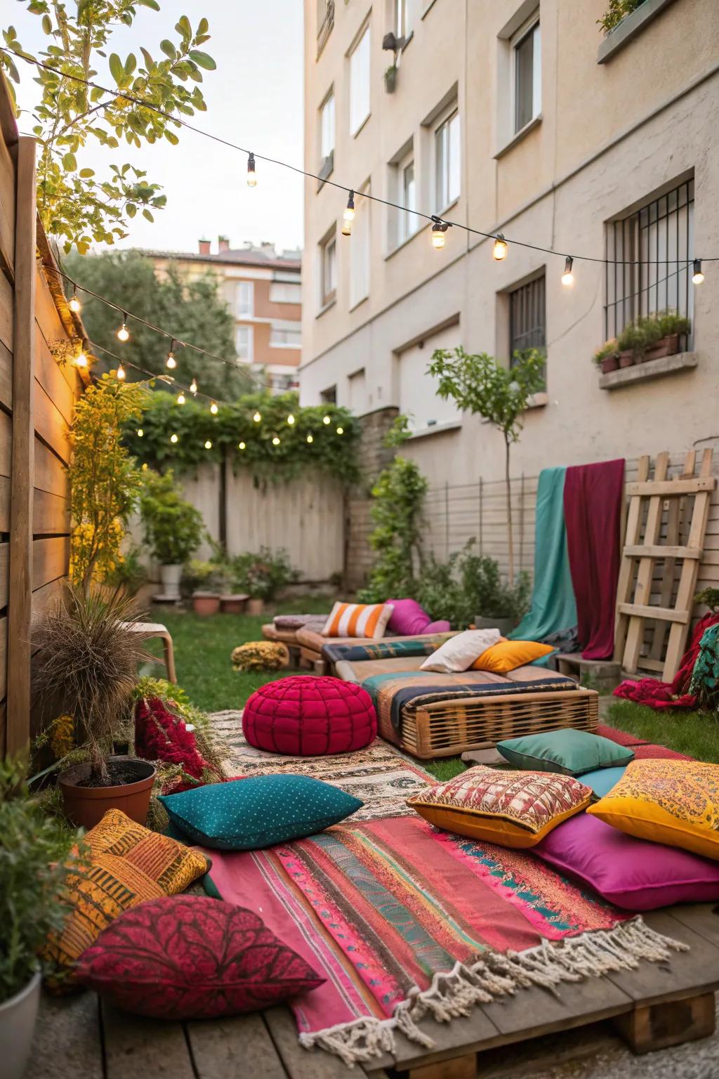 An apartment backyard brought to life with colorful cushions and throws, adding warmth and personality.