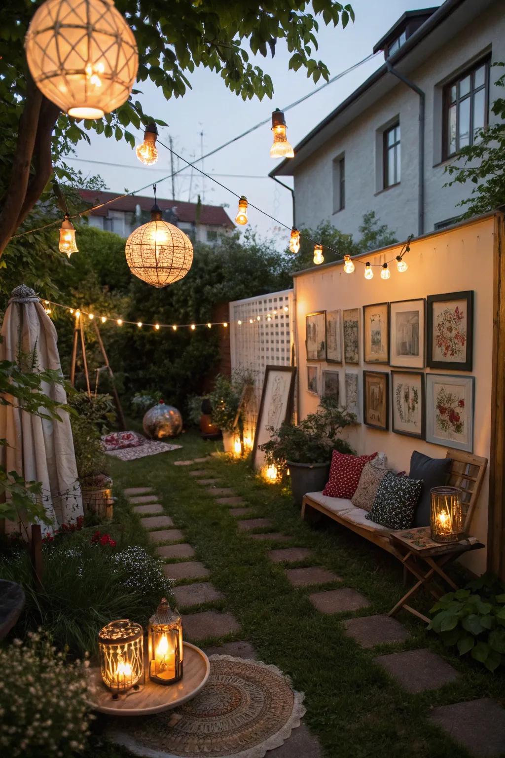 An apartment backyard adorned with lanterns, candles, and art for a personalized touch.
