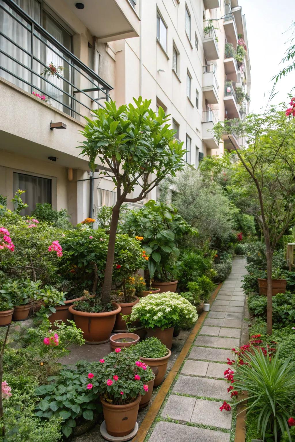 An inviting apartment backyard filled with diverse potted plants and small trees, creating a lush atmosphere.