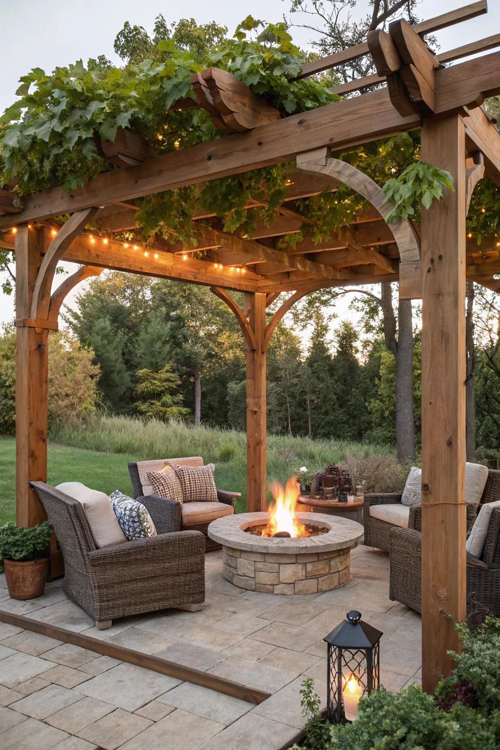 A wooden pergola adds elegance and function to your fire pit area.
