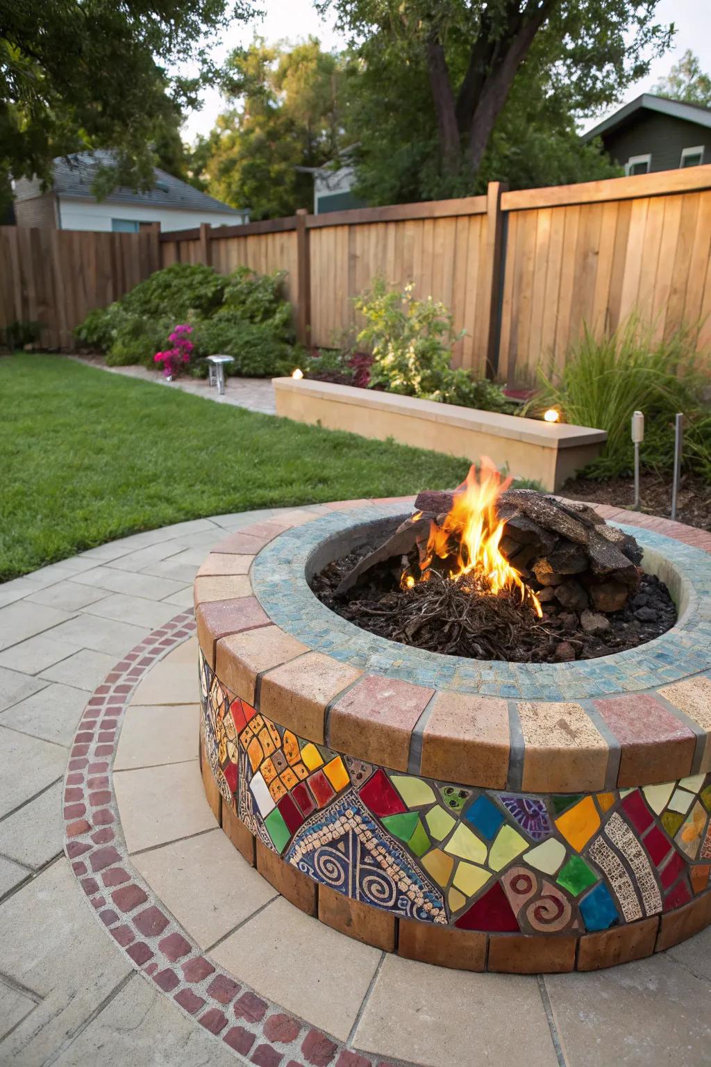 Mosaic tiles bring color and personality to your fire pit area.