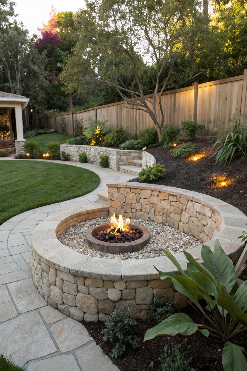 A raised fire pit design creates a striking focal point.