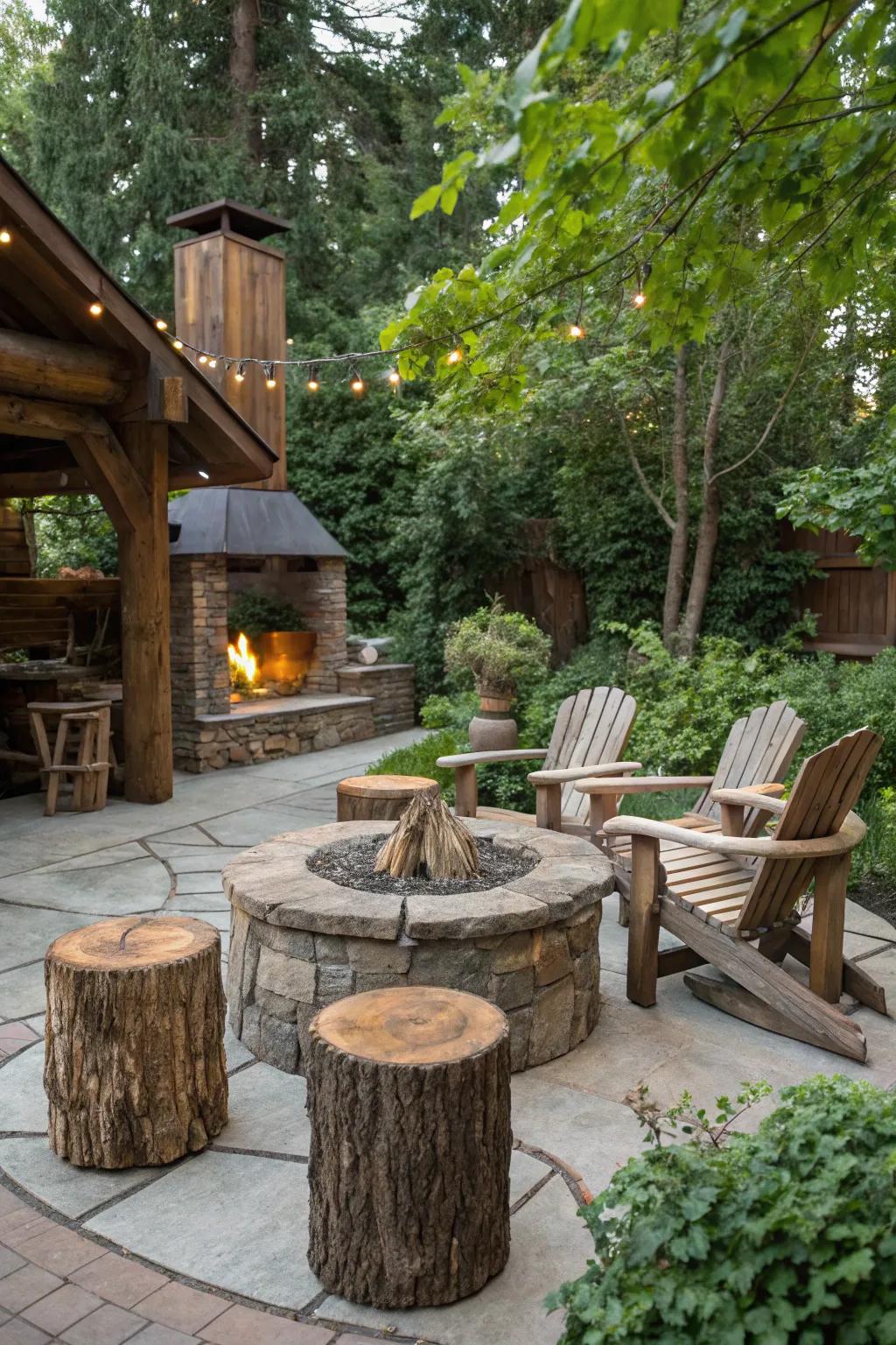 Natural wood accents bring an organic feel to your fire pit area.