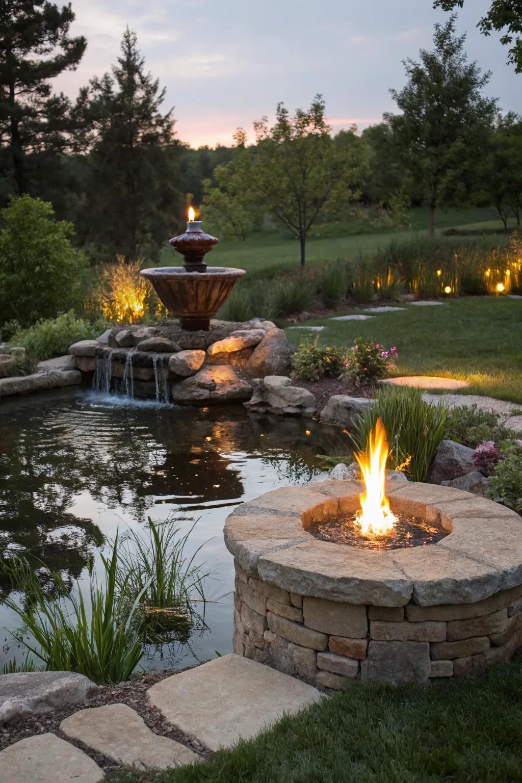 Water features bring a serene balance to your fire pit area.