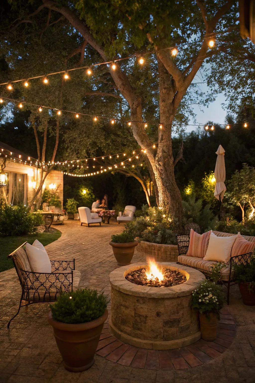 Decorative features like string lights add magic to your fire pit setting.