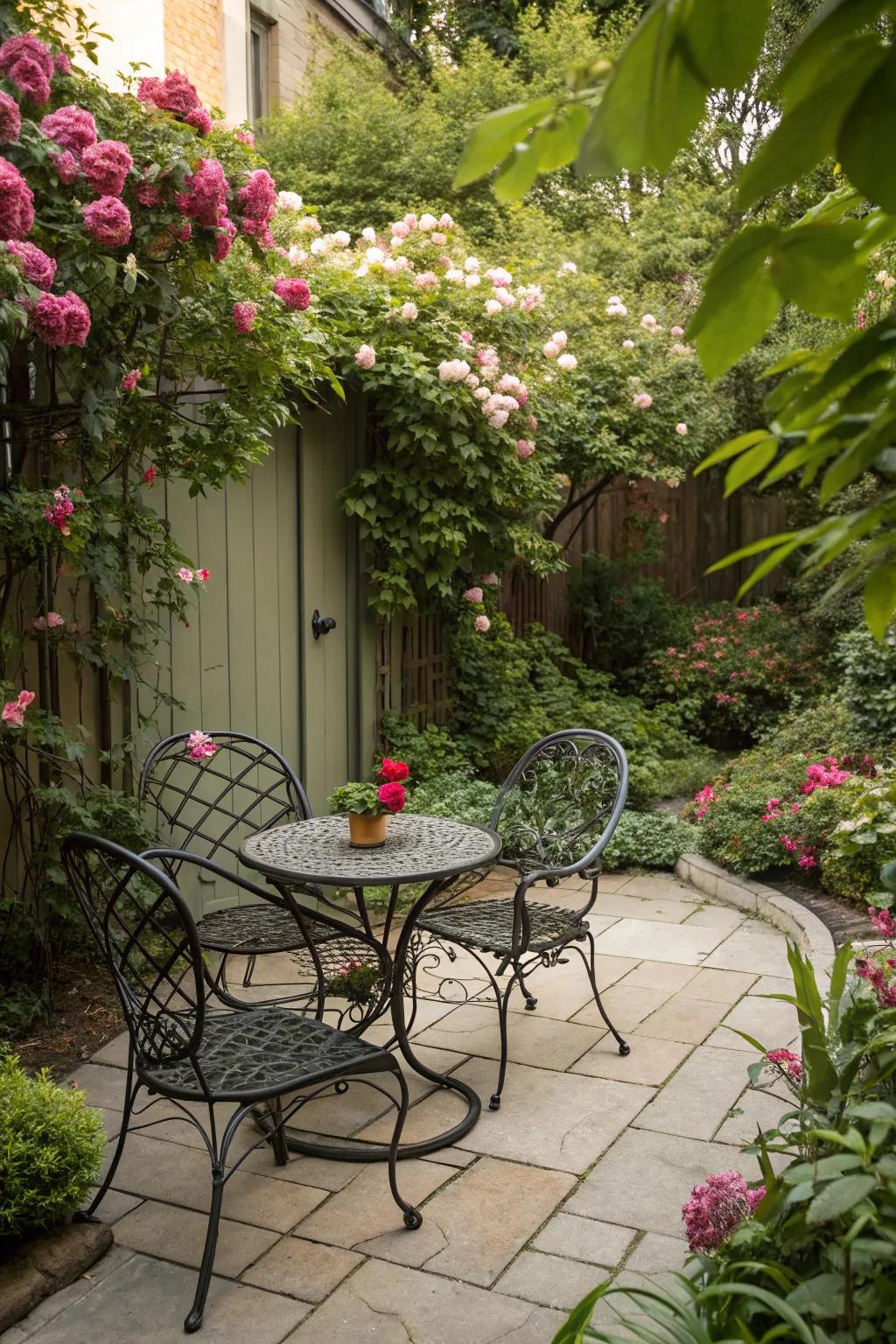 Wrought iron seating adds charm and elegance to any French country patio.