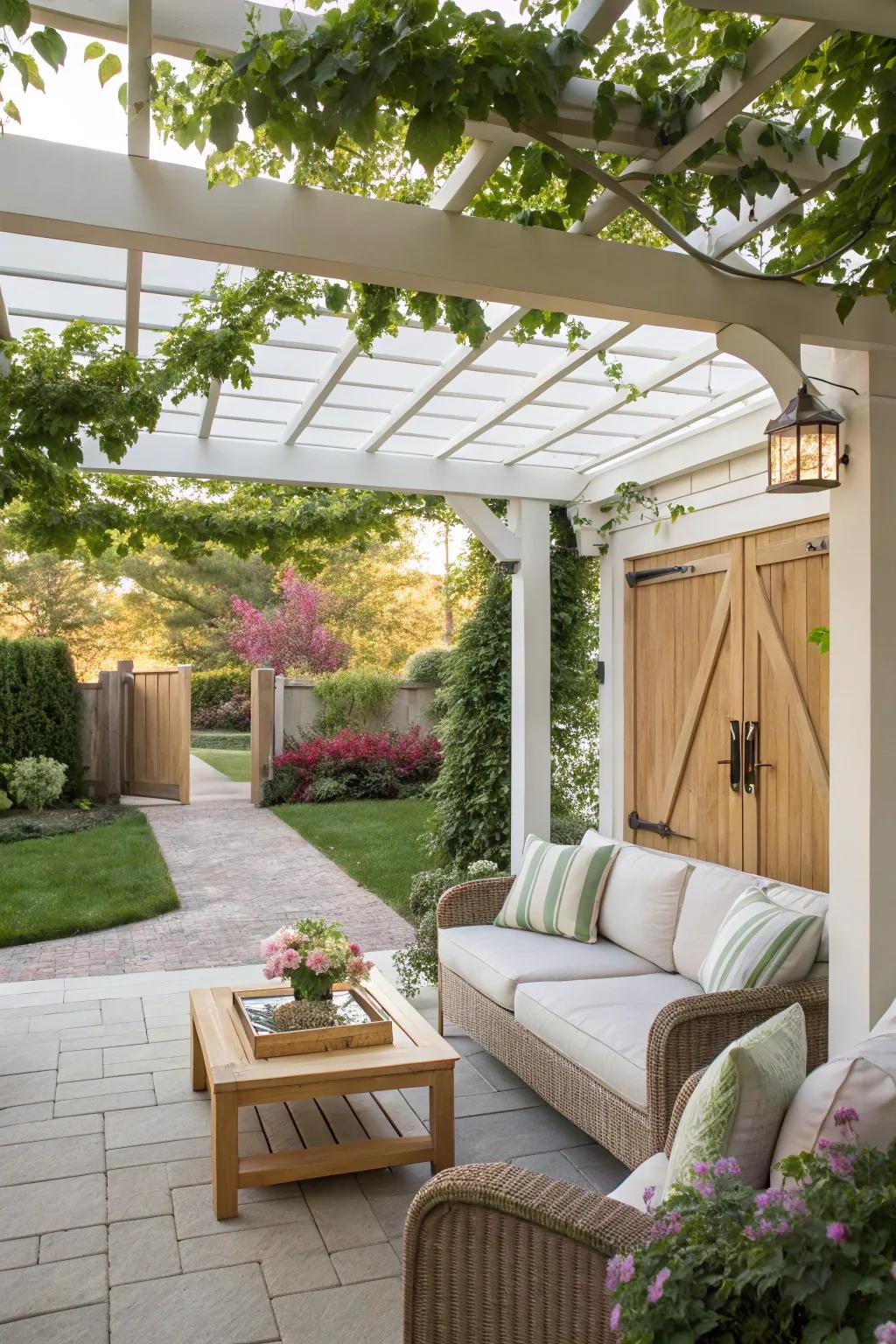 A pergola adds both shade and structure to your French country patio.