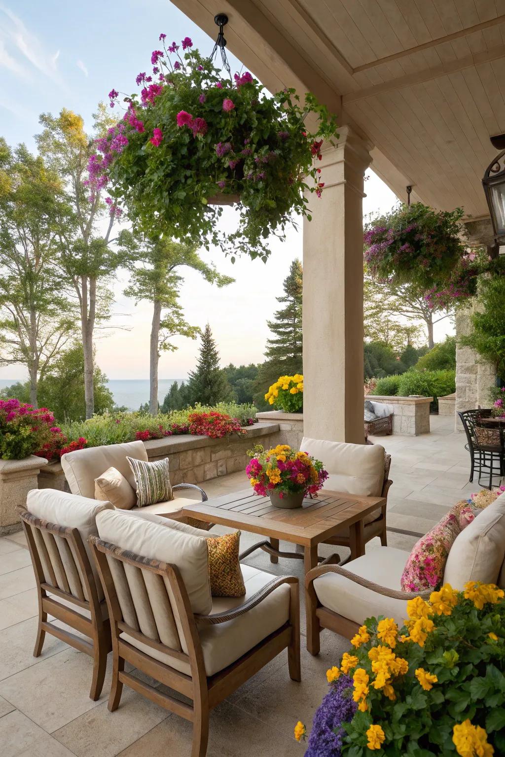 A soft, neutral palette with colorful accents creates a serene outdoor space.