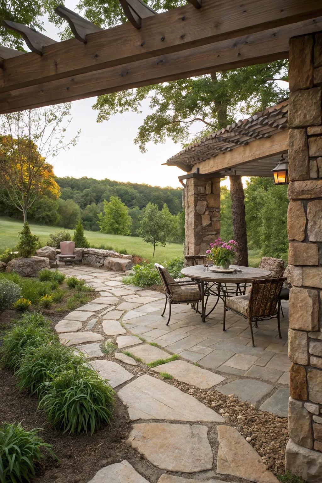 Rustic stone elements enhance the timeless appeal of your patio.