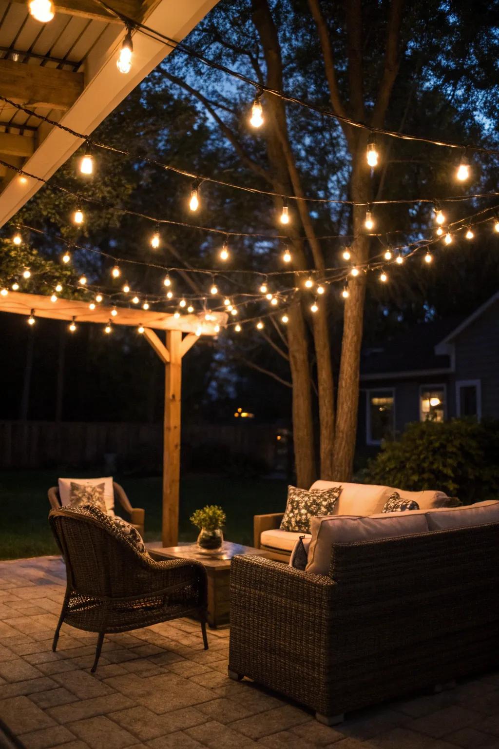 String lights add a magical touch to your evening patio ambiance.