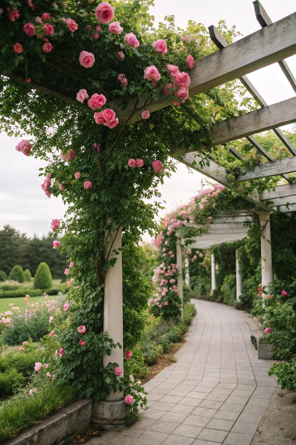 A pergola provides shade and supports climbing plants.