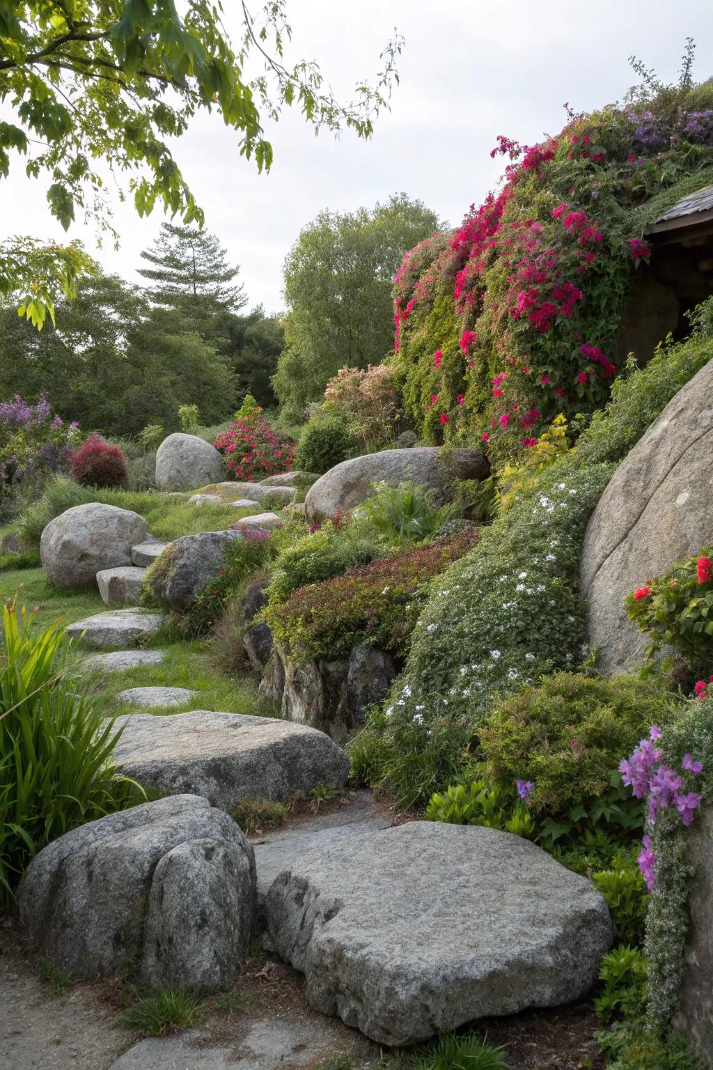 Stone elements add texture and depth to the landscape.