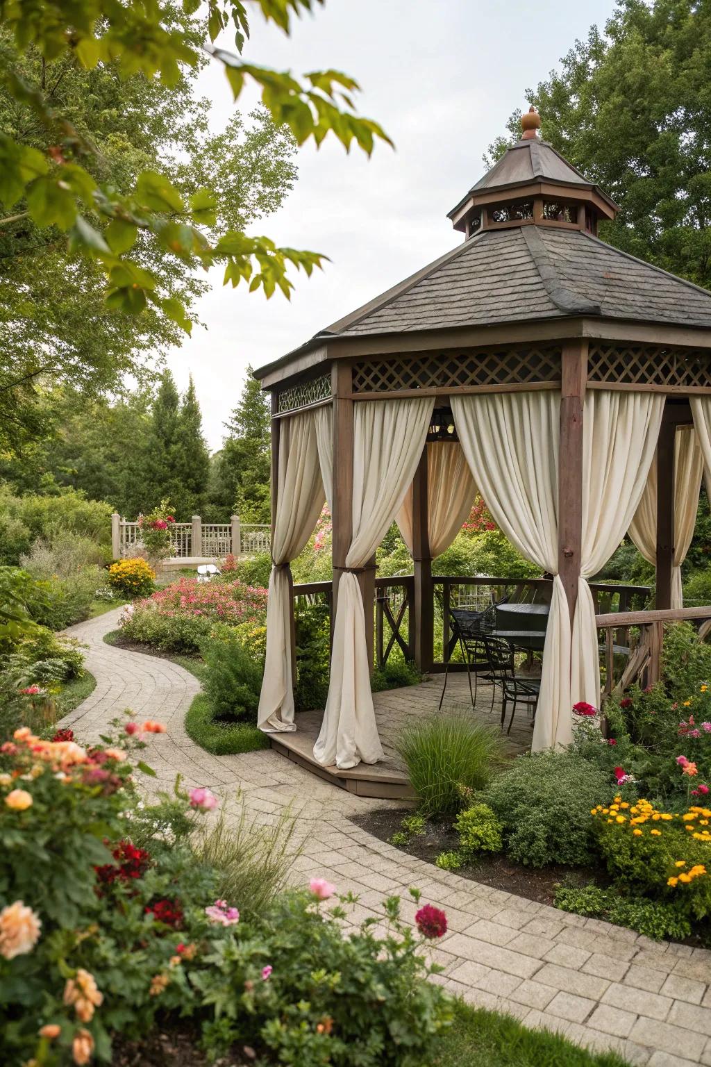Outdoor curtains add dramatic flair and shade to any gazebo.