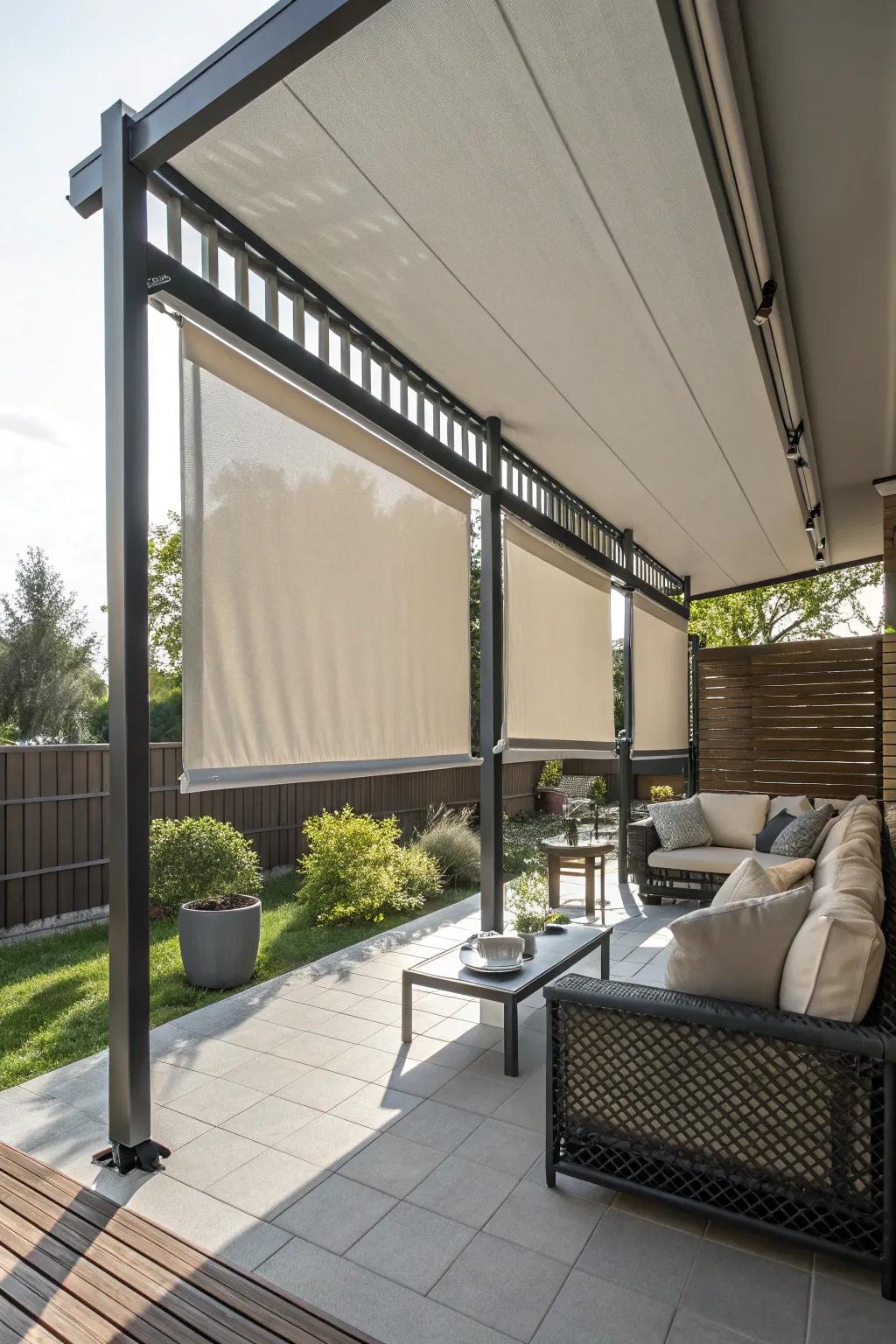 Vertical drop awnings create a private, shaded retreat.