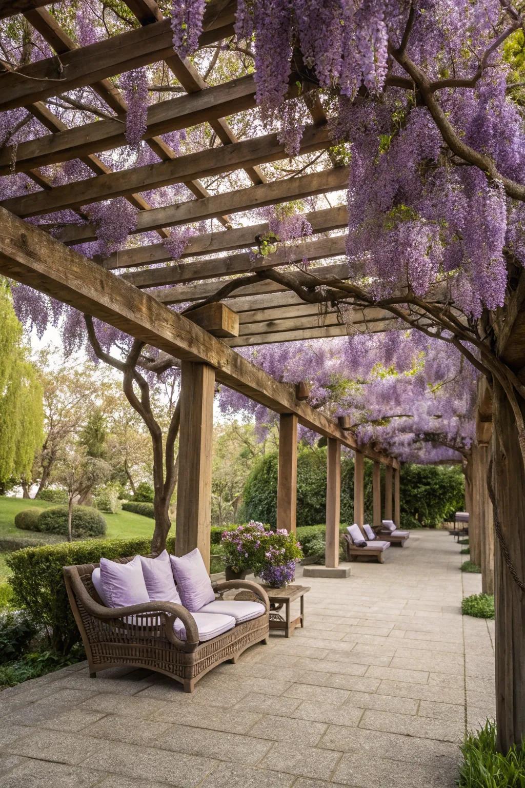 A pergola with lush vines offers both shade and beauty.