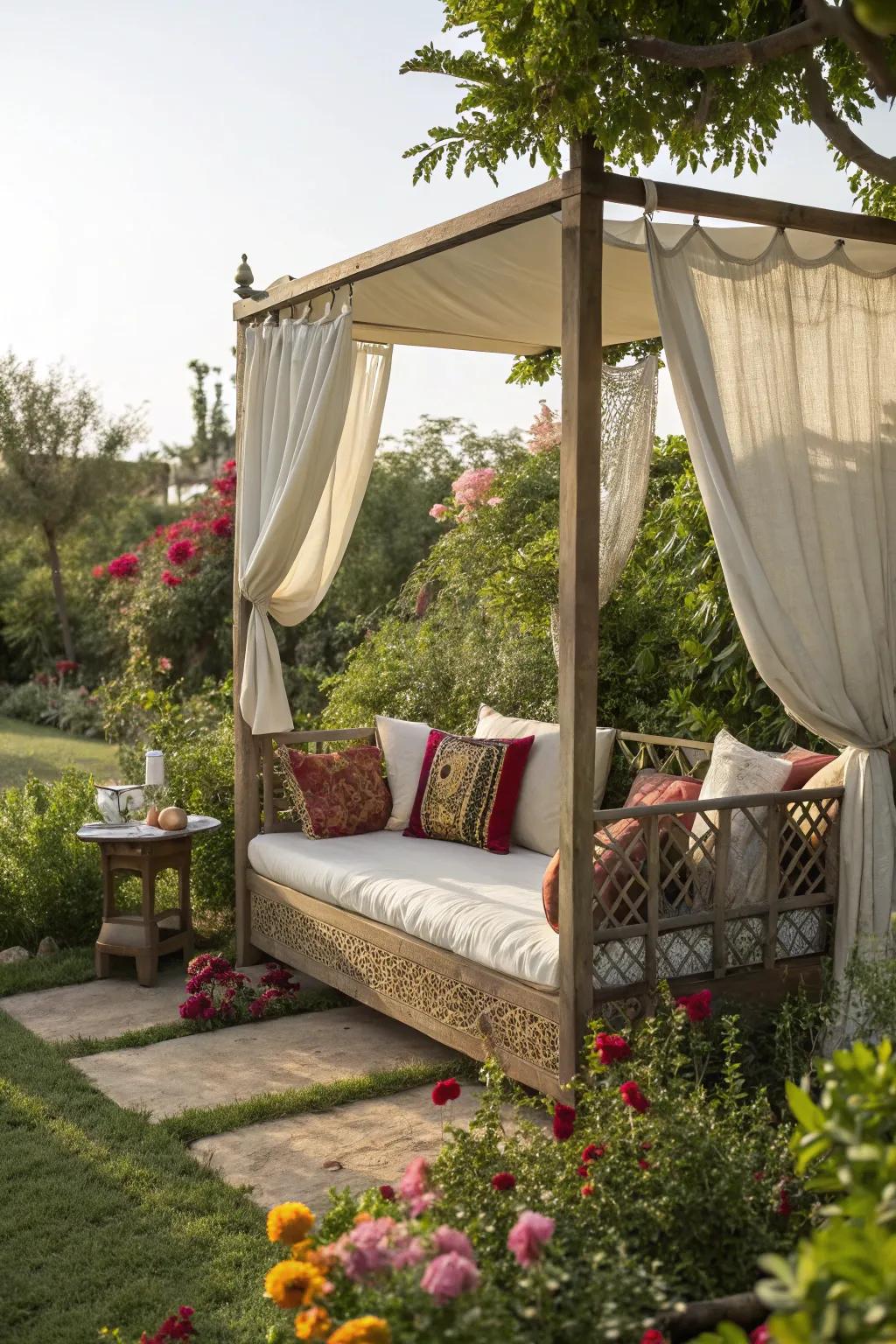 Relax in style on a daybed with a protective canopy.