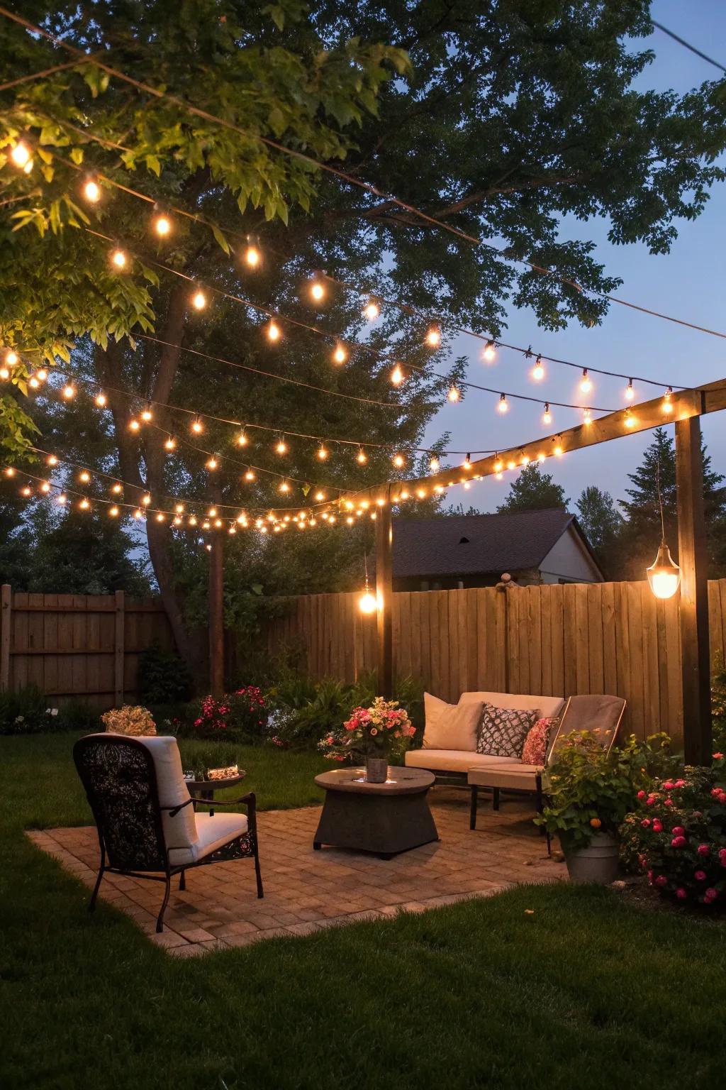 A canopy of lights adds evening enchantment to any backyard.