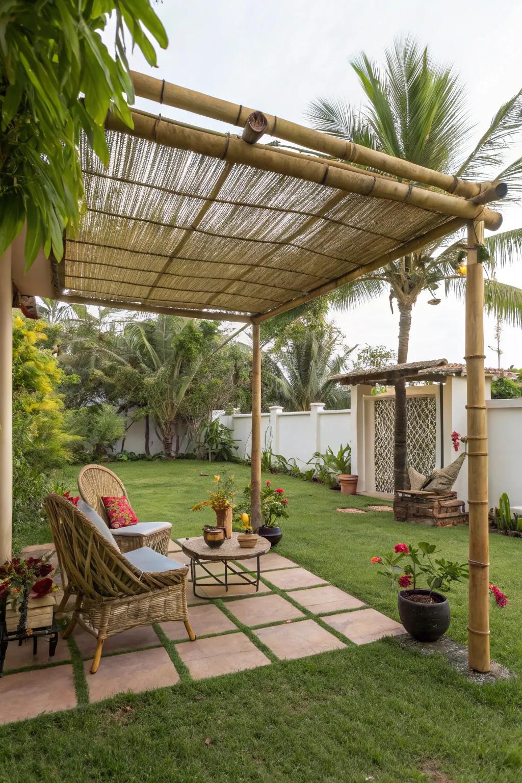 A bamboo canopy brings a touch of the tropics to your backyard.