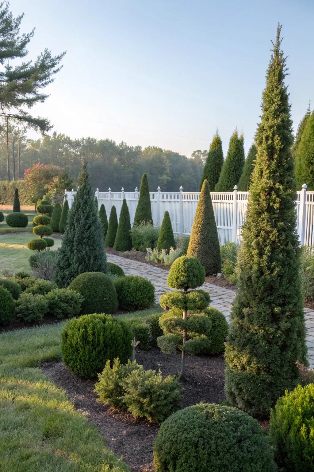 Add excitement with a variety of arborvitae shapes.