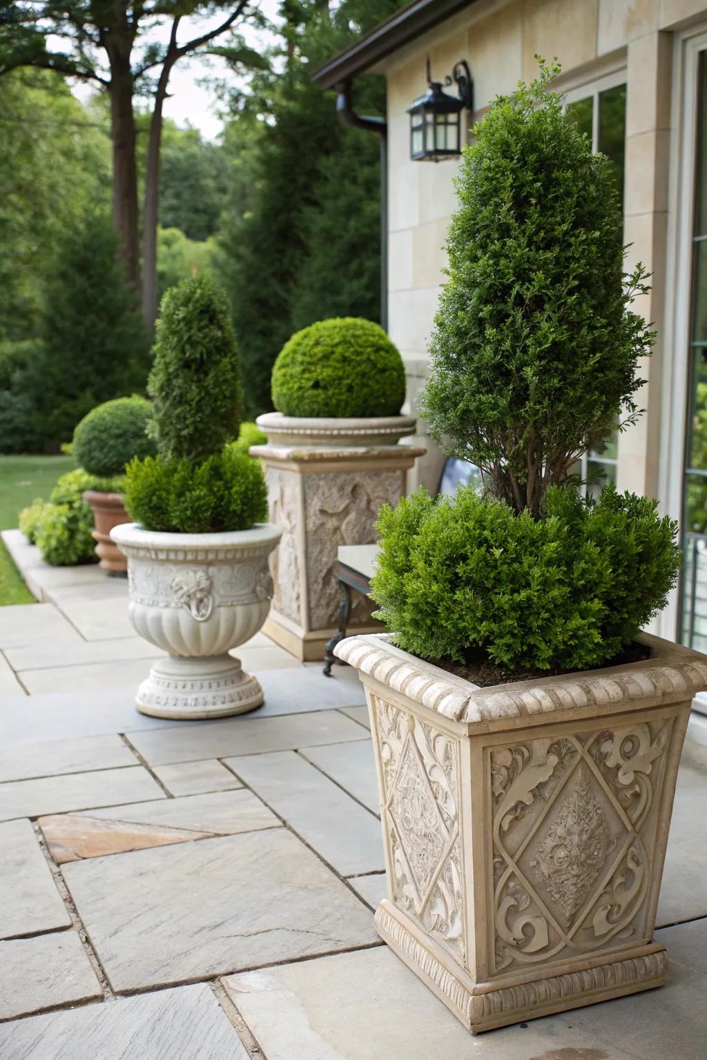 Enjoy flexible garden design with potted arborvitae.