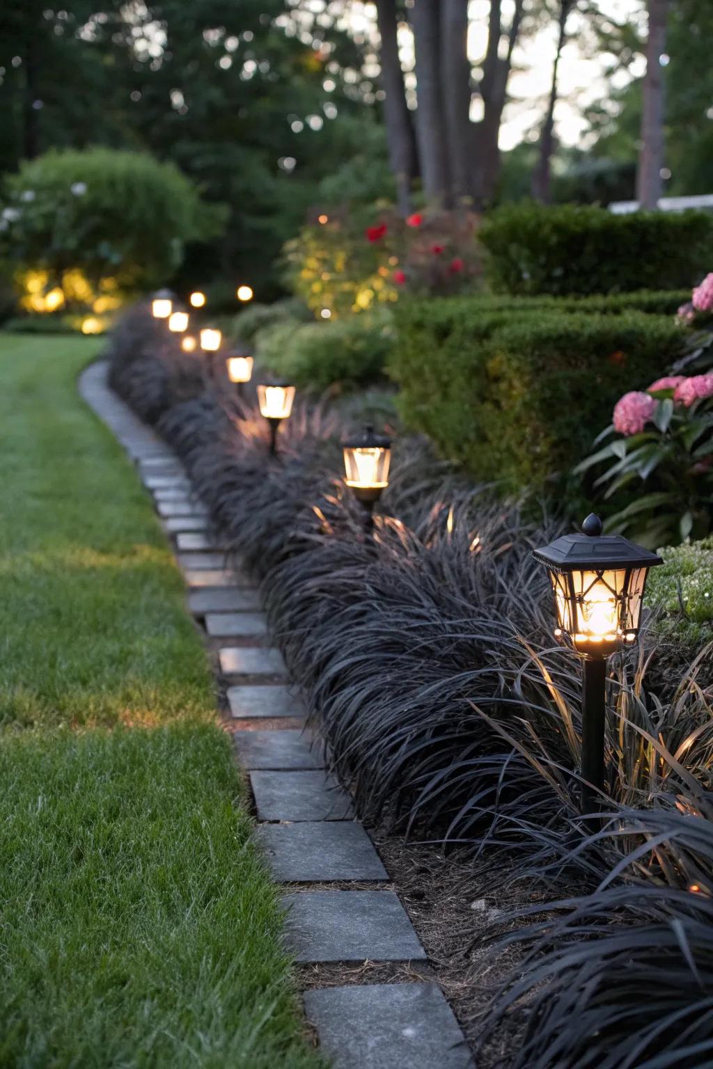 Subtle walkway guidance with black mondo grass.