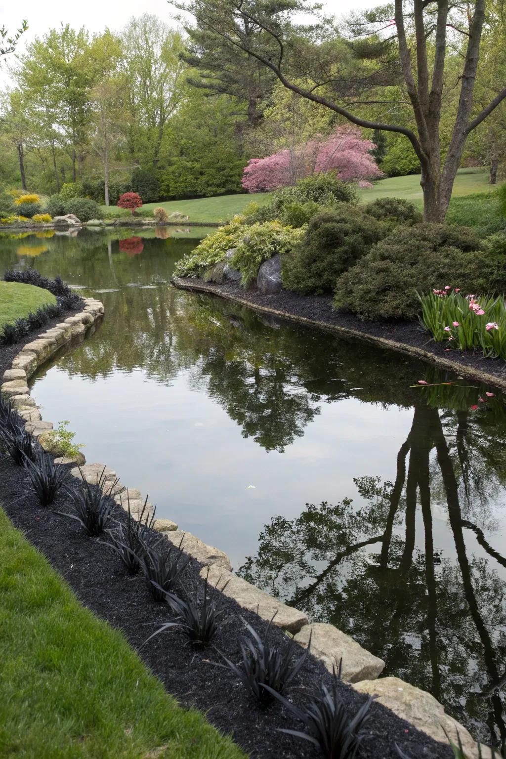 Black mondo grass enhances the beauty of water features.