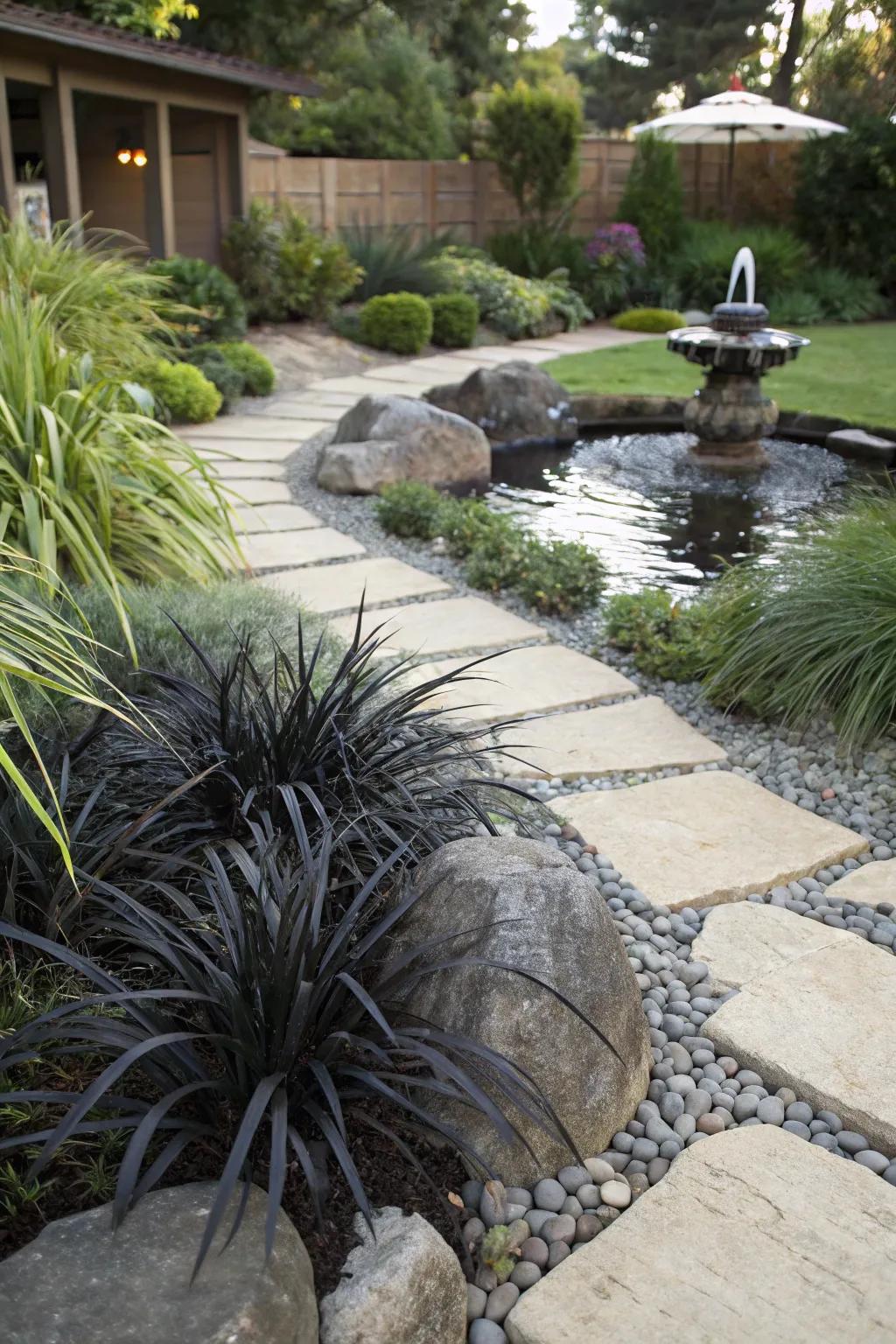 Black mondo grass brings harmony to Feng Shui gardens.