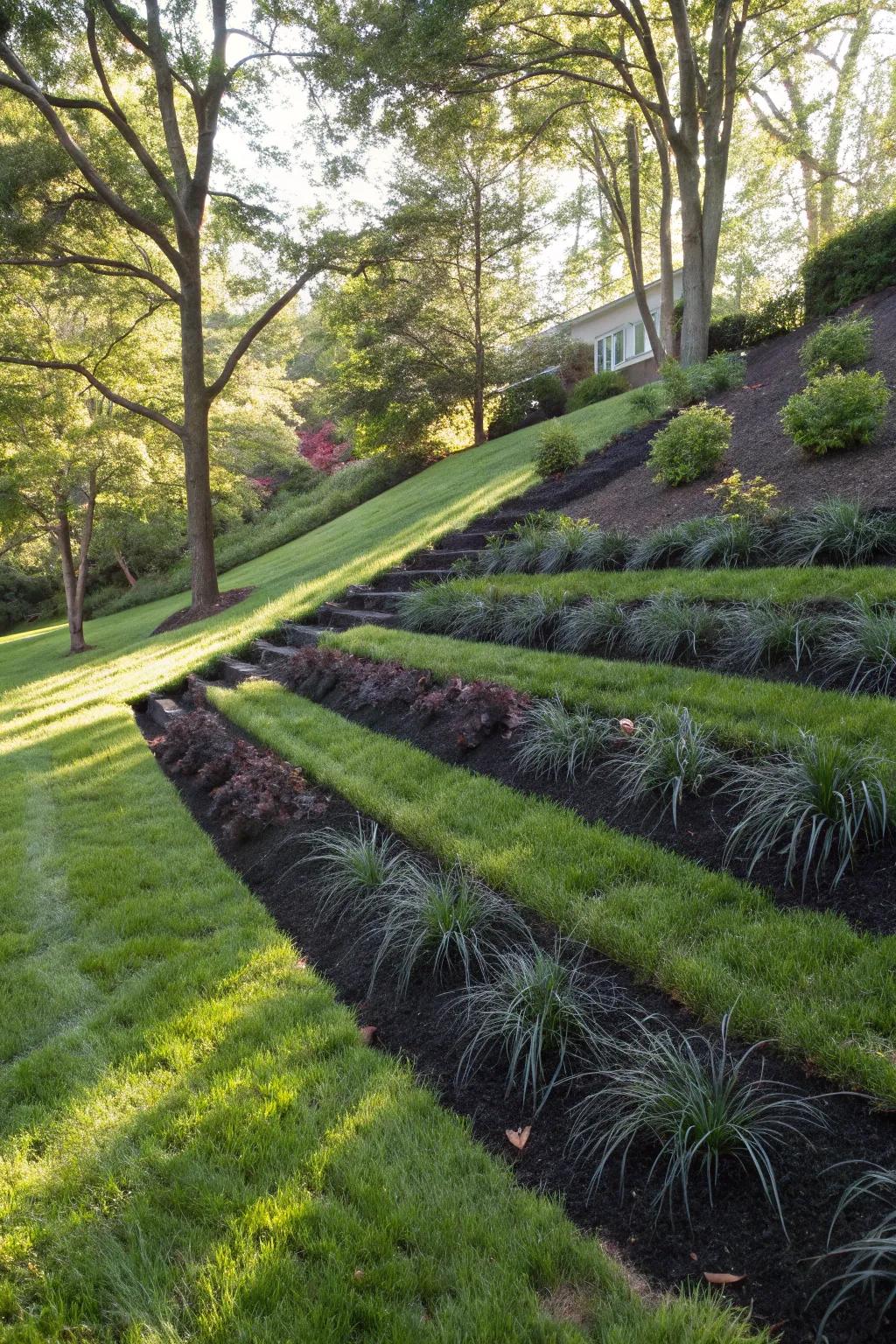 Black mondo grass effectively controls erosion on slopes.