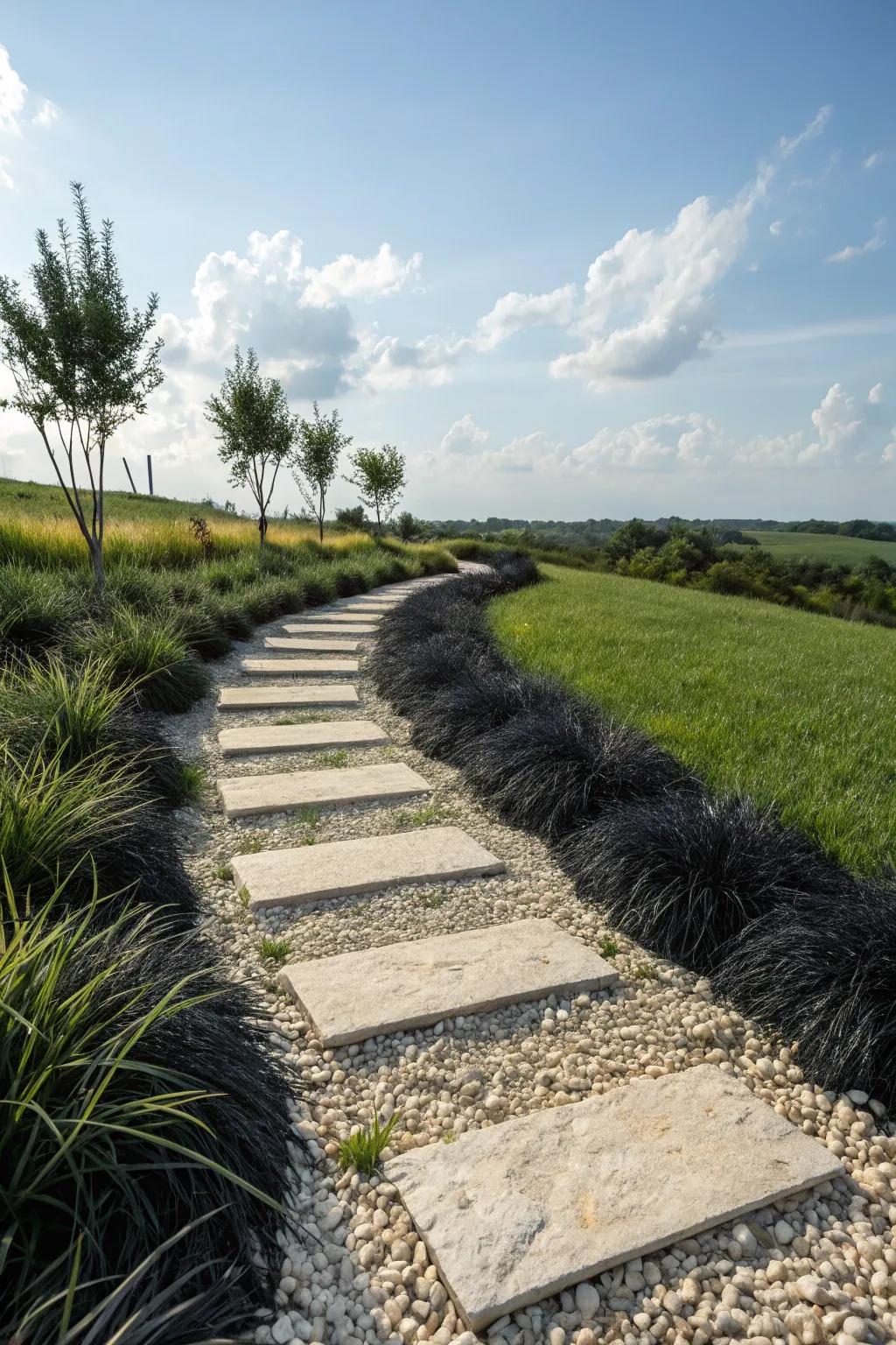 Pathways bordered with black mondo grass offer a dramatic garden entry.