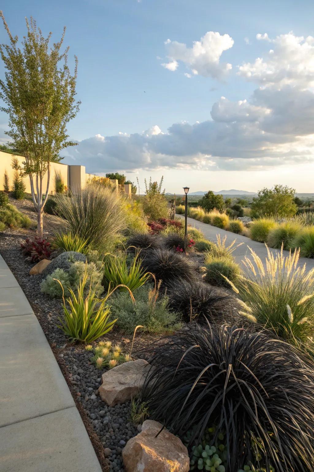 Black mondo grass thrives in drought-resistant garden designs.