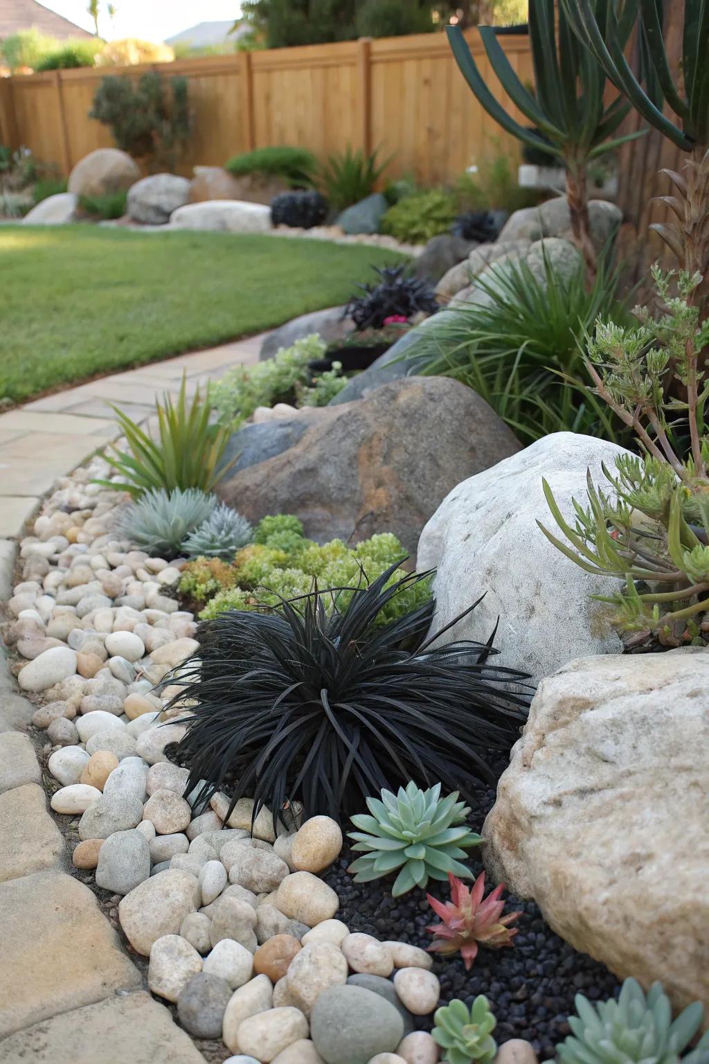Black mondo grass adds a textured contrast to rock gardens.