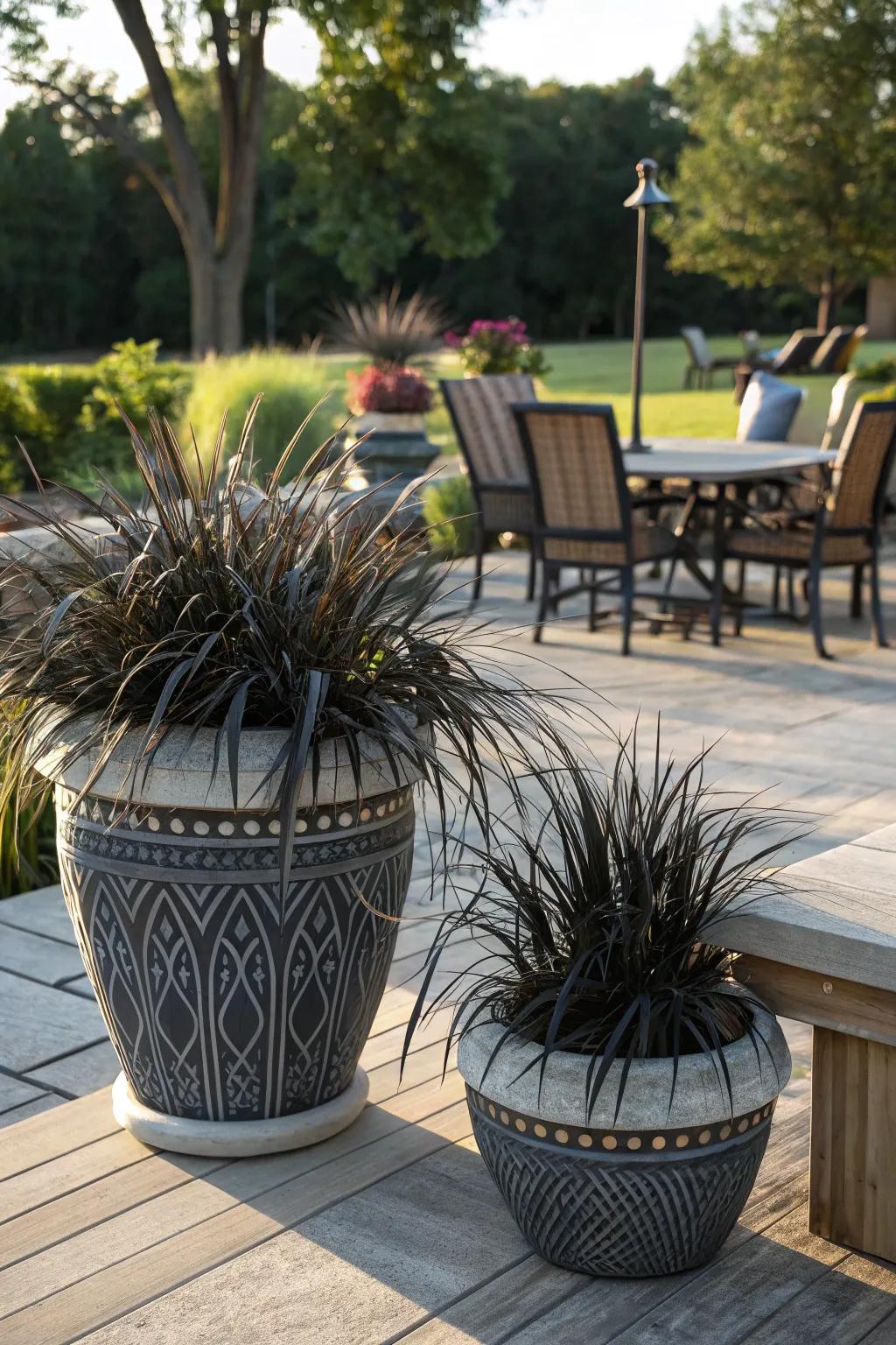 Black mondo grass in containers adds elegance to patios.