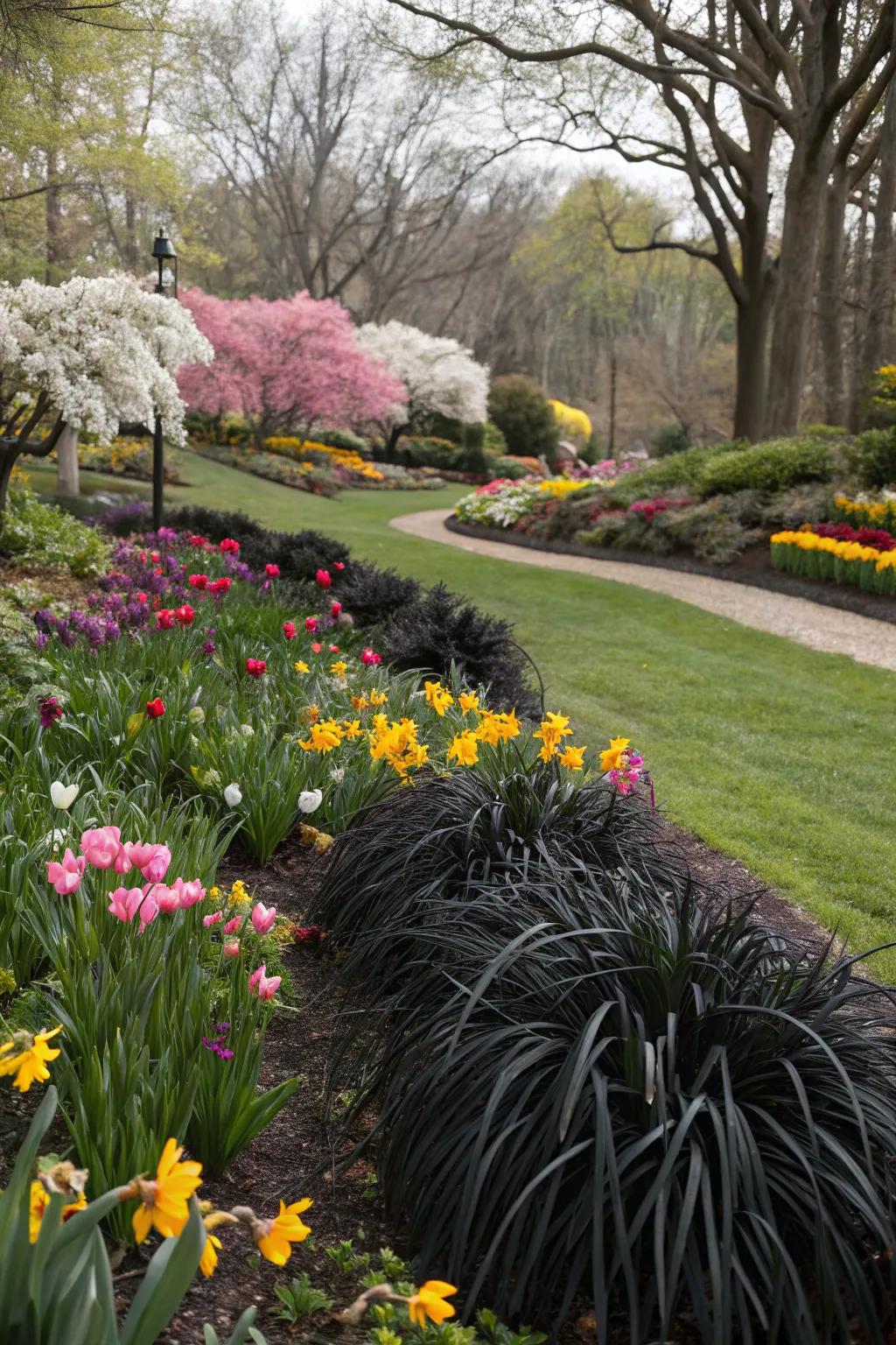 Black mondo grass provides striking seasonal contrasts.
