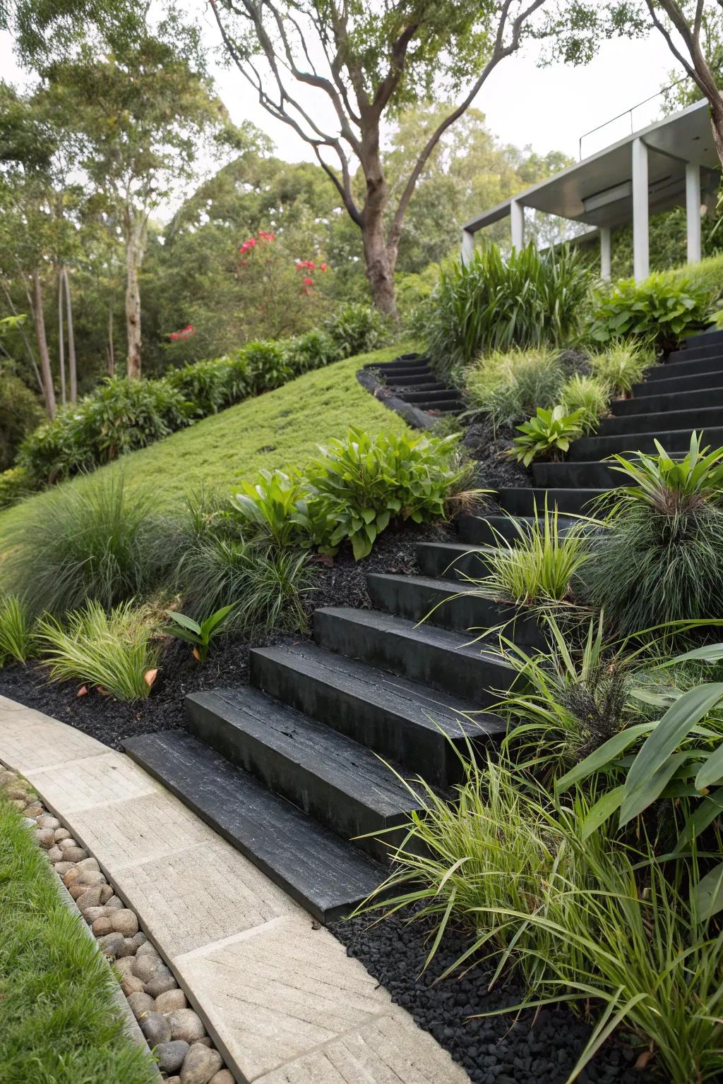 Step edges defined with black mondo grass for a polished look.