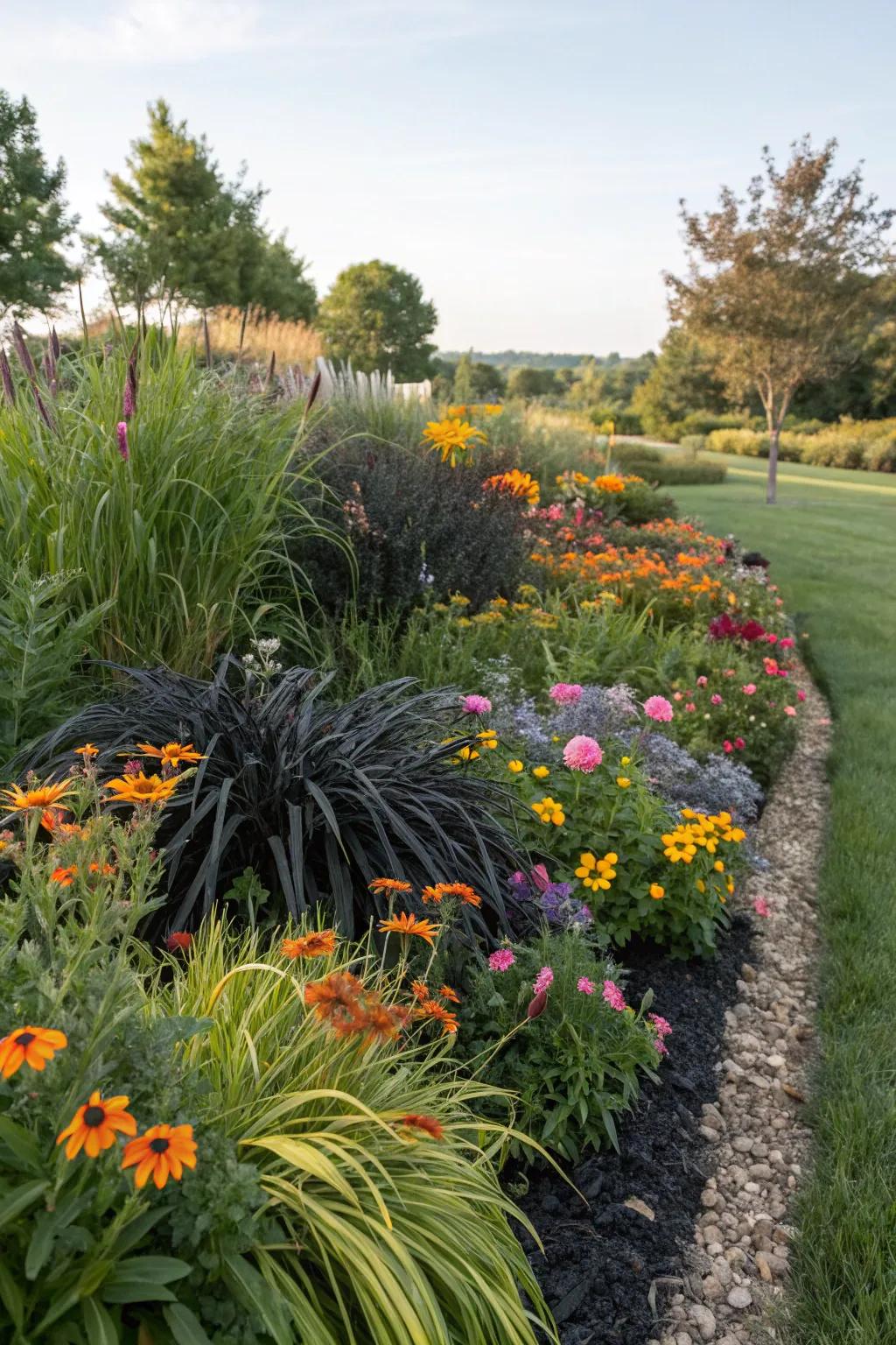 Mixed borders with black mondo grass offer rich texture.