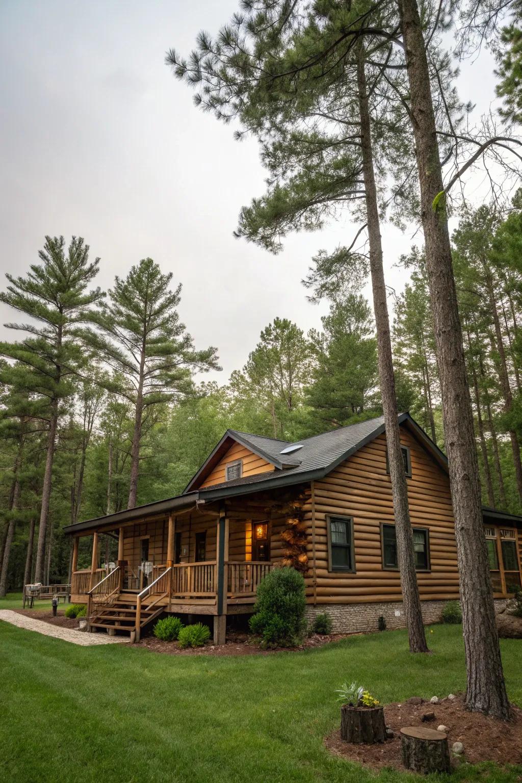 Vinyl log siding offers a rustic feel with minimal maintenance.