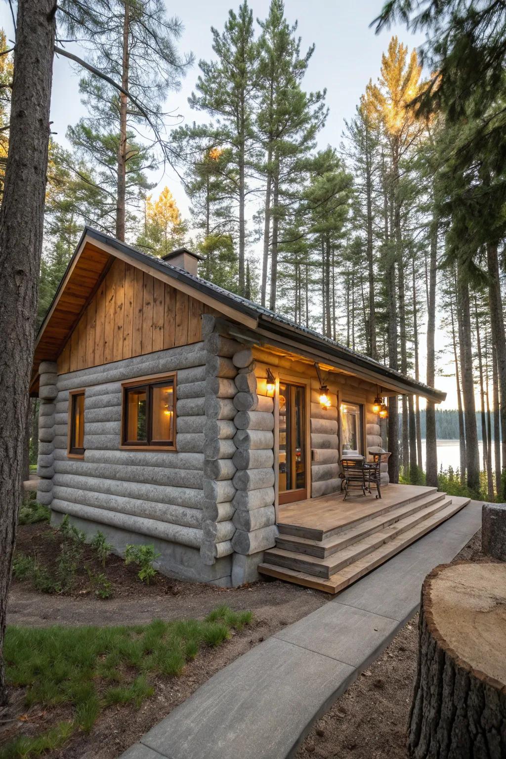 Concrete log siding combines rustic aesthetics with fire resistance.