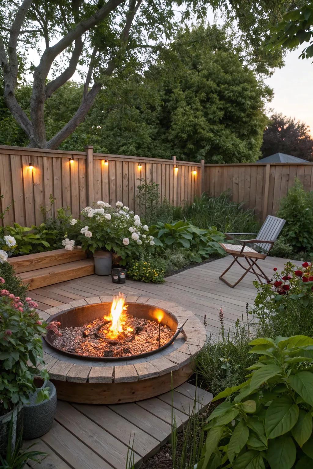 A fire pit creates a warm, inviting atmosphere.