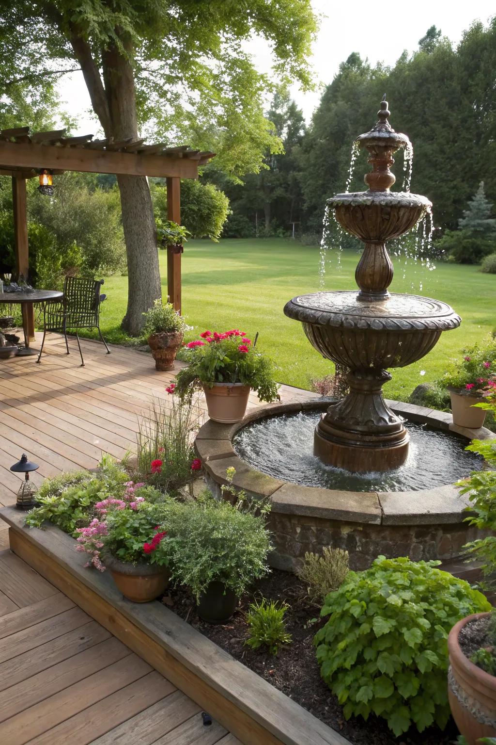 A small fountain adds tranquility and charm to the deck.